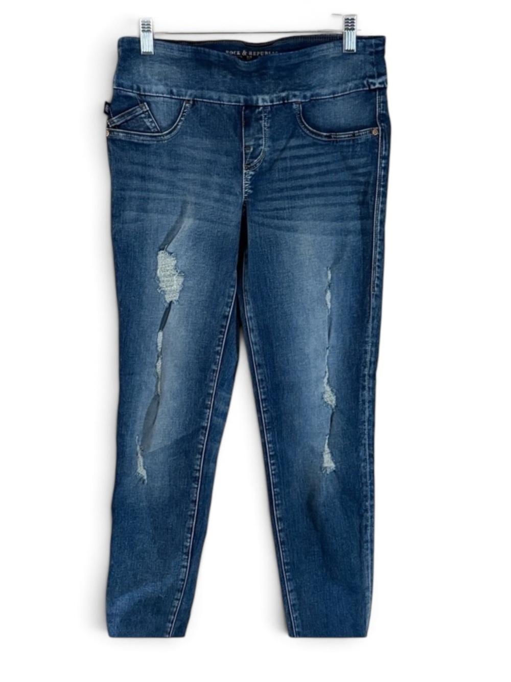 Rock & Republic Fever Slimming Pull On Blue Distressed Skinny Ankle Jeans